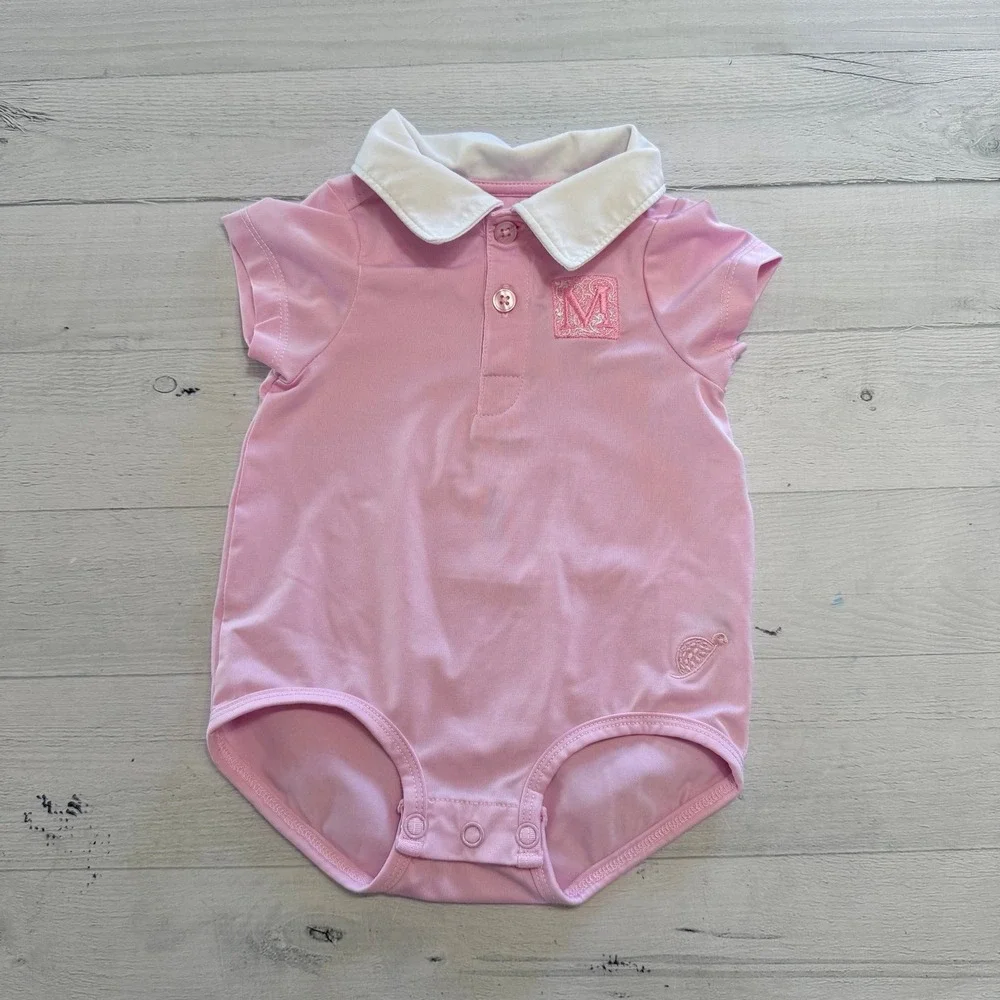 Turtles & Tees baby girls pink polo bodysuit monagramed 